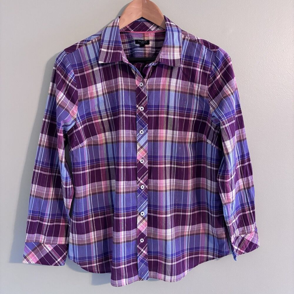 Talbots Women's Size LP Plaid Button Up Long Sleeve Shirt Cotton Metallic Thread
